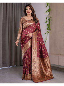 Tankori - Maroon Banarasi Silk Handloom Inspired Zari Saree with Unstitched Blouse