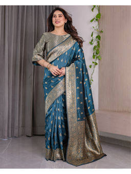Tankori - Blue Banarasi Soft Silk Rich Brocade Wedding Saree with Unstitched Blouse