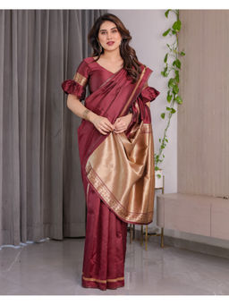 Tankori - Maroon Banarasi Silk Vintage Zari Woven Saree with Unstitched Blouse