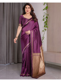 Tankori - Purple Banarasi Silk Traditional Jaal Zari Saree with Unstitched Blouse