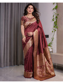 Tankori - Maroon Banarasi Silk Golden Zari Saree with Unstitched Blouse
