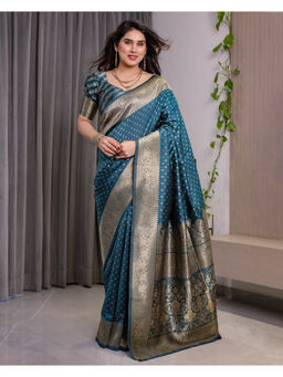 Tankori - Blue Banarasi Silk Gold Zari Rich Pallu Grand Bridal Saree with Unstitched Blouse