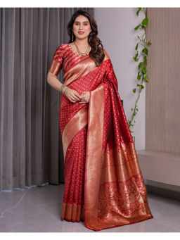 Tankori - Red Banarasi Art Silk Ethnic Motif Festive Saree with Unstitched Blouse