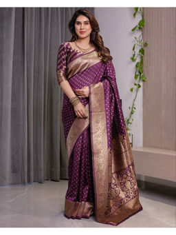Tankori - Purple Banarasi Art Silk Floral Zari Work Classic Saree with Unstitched Blouse
