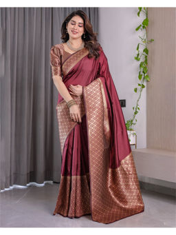 Tankori - Maroon Banarasi Soft Silk Zari Brocade Saree with Unstitched Blouse