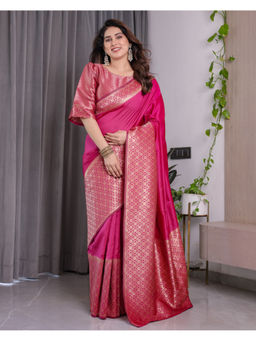 Tankori - Magenta Banarasi Art Silk Buti Work Zari Border Saree with Unstitched Blouse