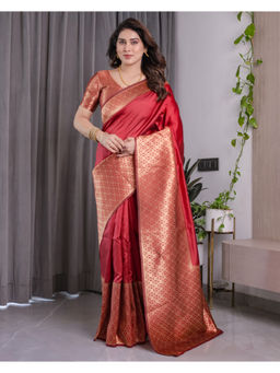 Tankori - Red Banarasi Soft Silk Zari Brocade Saree with Unstitched Blouse