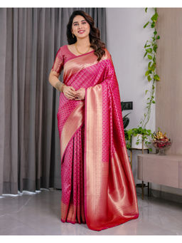 Tankori - Magenta Banarasi Art Silk Traditional Motif Festive Saree with Unstitched Blouse