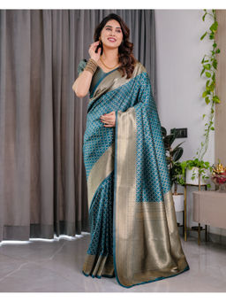 Tankori - Blue Banarasi Soft Silk Heavy Brocade Zari Bridal Wear Saree with Unstitched Blouse