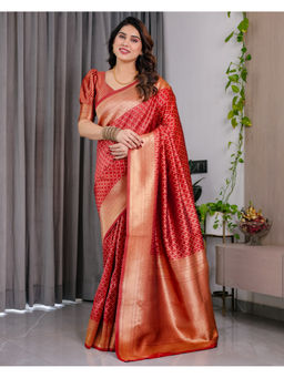 Tankori - Red Banarasi Silk Golden Zari Saree with Unstitched Blouse
