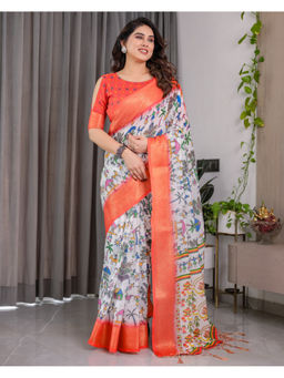 Tankori - White Soft Silk Floral Digital Printed Saree with Unstitched Blouse
