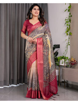 Tankori - Maroon Soft Silk Contemporary Print Stylish Saree with Unstitched Blouse