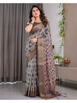 Tankori - Beige Art Silk Floral Printed Zari Saree with Unstitched Blouse