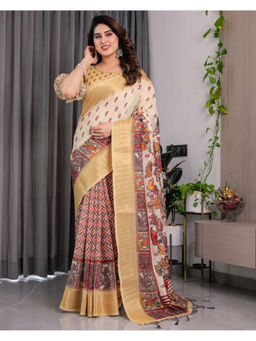 Tankori - Beige Silk Digital Print Premium Party Wear Saree with Unstitched Blouse