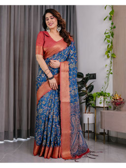 Tankori - Blue Soft Silk Vibrant Floral Printed Elegant Wedding Saree with Unstitched Blouse
