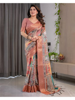 Tankori - Peach Soft Silk Floral Print Occasion Wear Saree with Unstitched Blouse