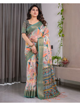 Tankori - Olive Silk Contemporary Printed Stylish Party Wear Saree with Unstitched Blouse