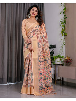 Tankori - Cream Soft Silk Floral Digital Print Rich Pallu Saree with Unstitched Blouse