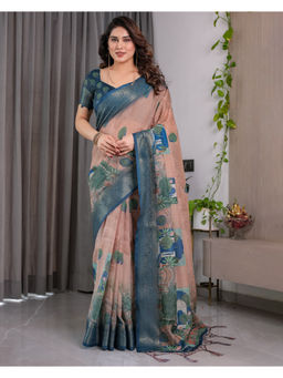 Tankori - Teal Soft Silk Digital Printed Grand Festive Saree with Unstitched Blouse