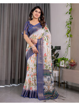Tankori - White Art Silk Floral Print Classic Party Wear Saree with Unstitched Blouse