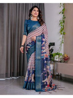 Tankori - White Silk Vibrant Digital Printed Modern Wedding Saree with Unstitched Blouse