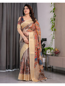 Tankori - Beige Art Silk Contemporary Print Elegant Festive Wear Saree with Unstitched Blouse