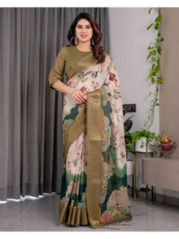 Tankori - Beige Silk Digital Print Premium Party Wear Saree with Unstitched Blouse