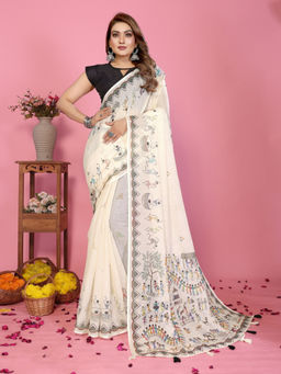 Tankori - Off White Pure Linen Minimal Plain Elegant Daily Wear Saree with Unstitched Blouse