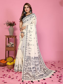 Tankori - Off White Linen Cotton Floral Printedsaree with Unstitched Blouse
