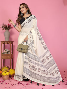 Tankori - Off White Soft Linen Blend Abstract Printedsaree with Unstitched Blouse
