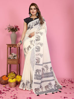 Tankori - Off White Pure Linen Border Elegant Festive Collection Saree with Unstitched Blouse