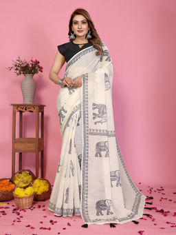Tankori - Off White Linen Cotton Ethnic Printed Saree with Unstitched Blouse