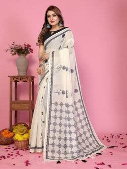 Tankori - Off White Premium Linen Blend Rich Pallu Festive Saree with Unstitched Blouse