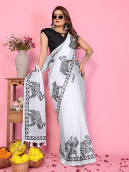 Tankori - White Soft Linen Floral Printed Saree with Unstitched Blouse