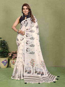 Tankori - Off White Linen Blend Contemporary Print Saree with Unstitched Blouse