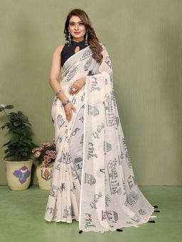 Tankori - Off White Pure Linen Plain Minimalist Office Wear Saree with Unstitched Blouse