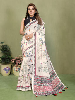 Tankori - Off White Linen Cotton Digital Printed Modern Festive Saree with Unstitched Blouse