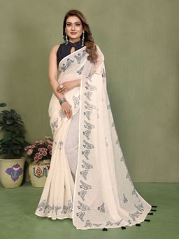 Tankori - Off White Soft Linen Zari Border Classic Ethnic Wear Saree with Unstitched Blouse