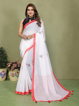 Tankori - White Premium Linen Printed Designer Casual Wear Saree with Unstitched Blouse