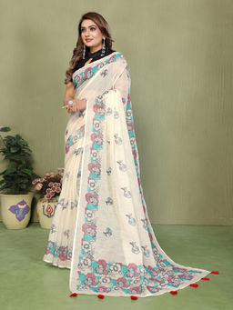 Tankori - Off White Linen Cotton Floral Print Saree with Unstitched Blouse