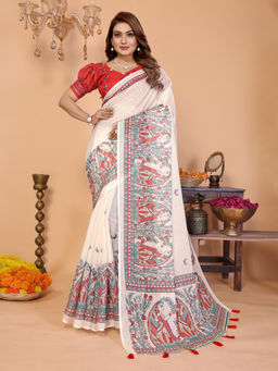 Tankori - Off White Pure Linen Traditional Border Saree with Unstitched Blouse