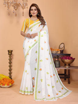 Tankori - White Soft Linen Abstract Printed Modern Office Wear Saree with Unstitched Blouse