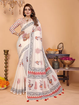Tankori - Off White Linen Blend Ethnic Motif Printed Daily Wear Saree with Unstitched Blouse
