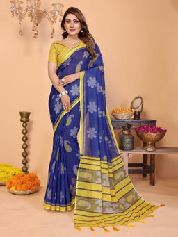 Tankori - Blue Premium Linen Rich Pallu Occasion Wear Saree with Unstitched Blouse