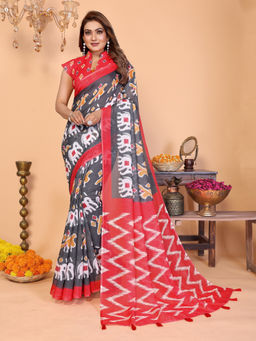Tankori - Grey Linen Cotton Classic Printed Comfortable Daily Saree with Unstitched Blouse