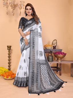Tankori - White Pure Linen Elegant Minimal Occasion Wear Saree with Unstitched Blouse
