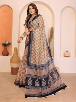 Tankori - Beige Soft Linen Zari Border Classic Ethnic Wear Saree with Unstitched Blouse