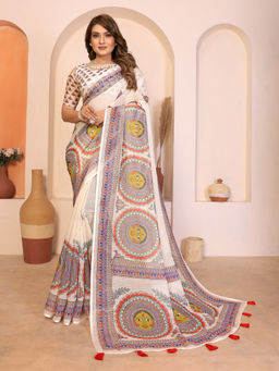 Tankori - Off White Linen Blend Elegant Plain Party Wear Saree with Unstitched Blouse