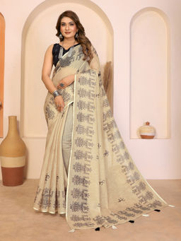 Tankori - Beige Premium Linen Printed Designer Casual Wear Saree with Unstitched Blouse