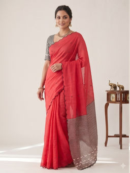 Tankori - Red Soft Linen Cotton Printed Elegant Festive Saree with Unstitched Blouse